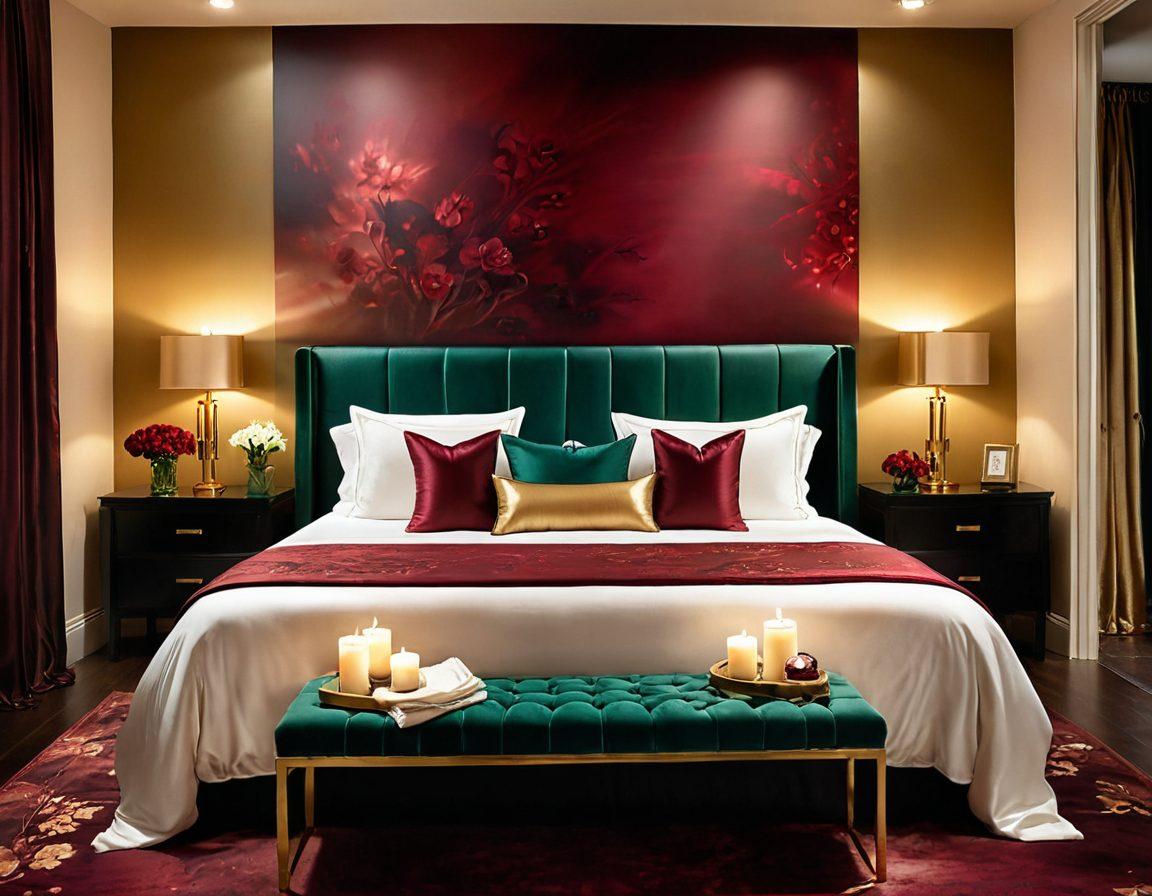 An elegant bedroom setting with soft, ambient lighting that casts gentle shadows. Include luxurious fabrics, such as silk sheets and plush pillows, intertwined with subtle symbols of sensuality like candles and delicate flowers. Incorporate an inviting atmosphere with a hint of mystery, featuring warm colors to evoke a sense of intimacy and exploration. Elements of abstract art on the walls should suggest eroticism without being explicit. super-realistic. vibrant colors. soft focus.