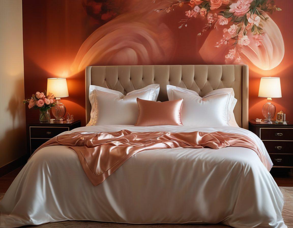 An inviting bedroom scene softly lit with warm candlelight, featuring a plush bed adorned with luxurious satin sheets. On a bedside table, a delicate glass bottle of massage oil and a pair of beautiful silk blindfolds suggest intimacy and sensual exploration. Elements of tasteful erotic art on the walls, and an array of vibrant flowers adding a touch of romance. A gentle, inviting atmosphere captures the essence of adult entertainment and connection. super-realistic. warm tones. intimate setting.